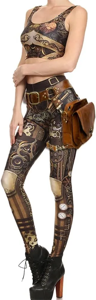 Women's Retro Punk Pioneer Warrior Print Stretch Leggings Sexy Comic Tattoo Smooth & Soft Elastic Pants - Reg, Plus