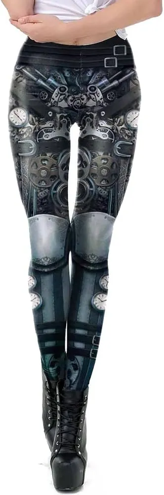 Women's Retro Punk Pioneer Warrior Print Stretch Leggings Sexy Comic Tattoo Smooth & Soft Elastic Pants - Reg, Plus