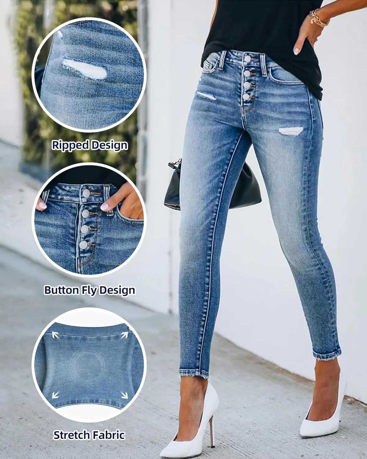 Womens Ripped Jeans Stretch Skinny Jeans for Women Butt Lifting Distressed Jeans High Waisted Denim Pants Light Blue