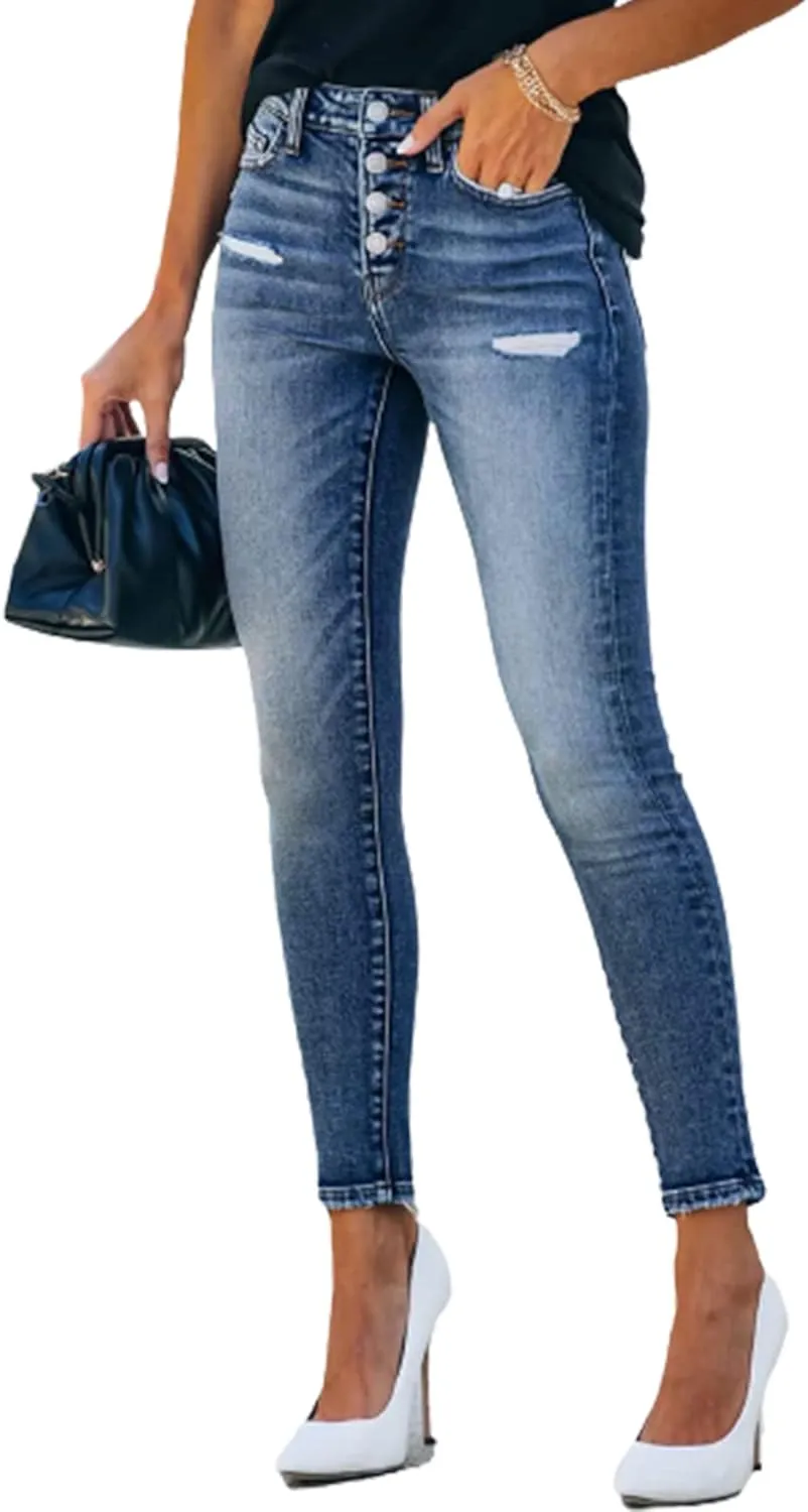 Womens Ripped Jeans Stretch Skinny Jeans for Women Butt Lifting Distressed Jeans High Waisted Denim Pants Light Blue