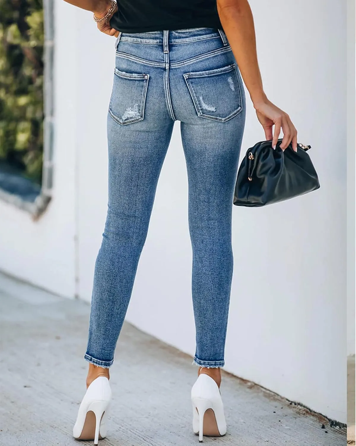 Womens Ripped Jeans Stretch Skinny Jeans for Women Butt Lifting Distressed Jeans High Waisted Denim Pants Light Blue
