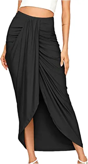 Womens Skirts Midi Length Basic Pleated High Waisted Wrap Ruched Bodycon Trendy Summer Asymmetrical Pencil Skirt