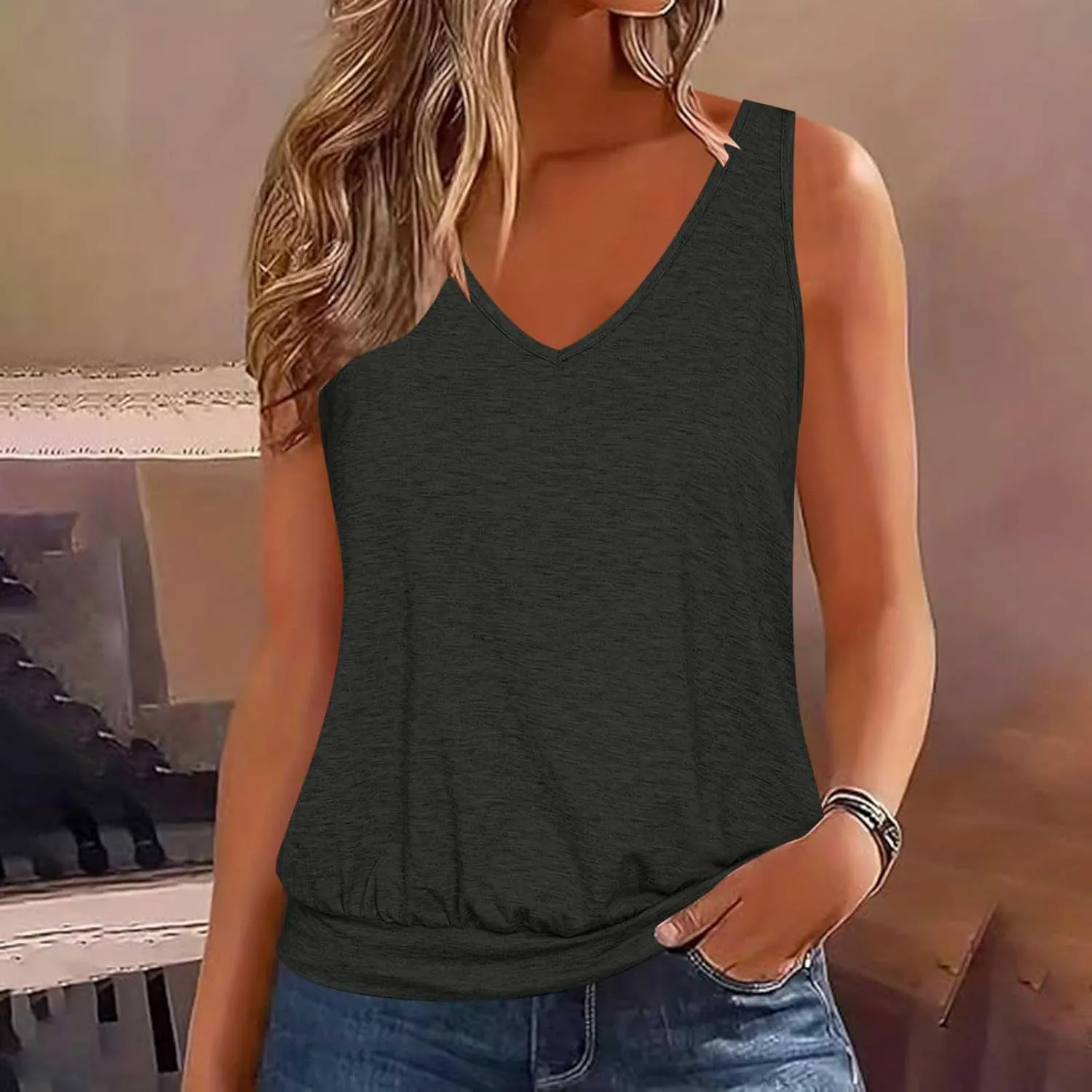 Womens Summer Tops Dressy Casual Banded Bottom Tank Tops Loose Fit V Neck Sleeveless Solid Basic Tee Shirts Blouses