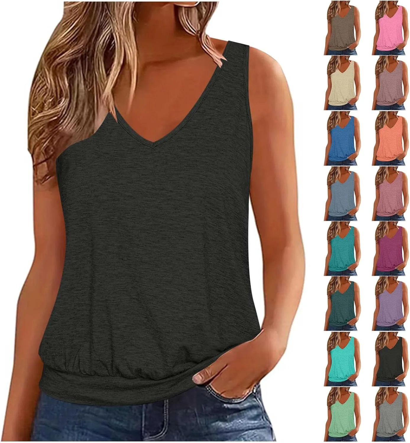 Womens Summer Tops Dressy Casual Banded Bottom Tank Tops Loose Fit V Neck Sleeveless Solid Basic Tee Shirts Blouses