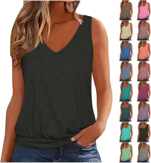 Womens Summer Tops Dressy Casual Banded Bottom Tank Tops Loose Fit V Neck Sleeveless Solid Basic Tee Shirts Blouses