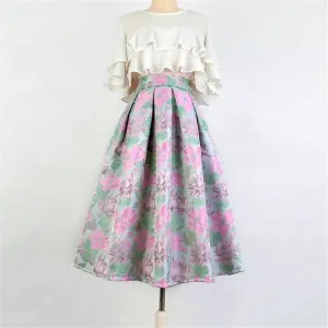 Women's Summer Vintage Floral Embroidered High Waist Pleated Midi Skirt