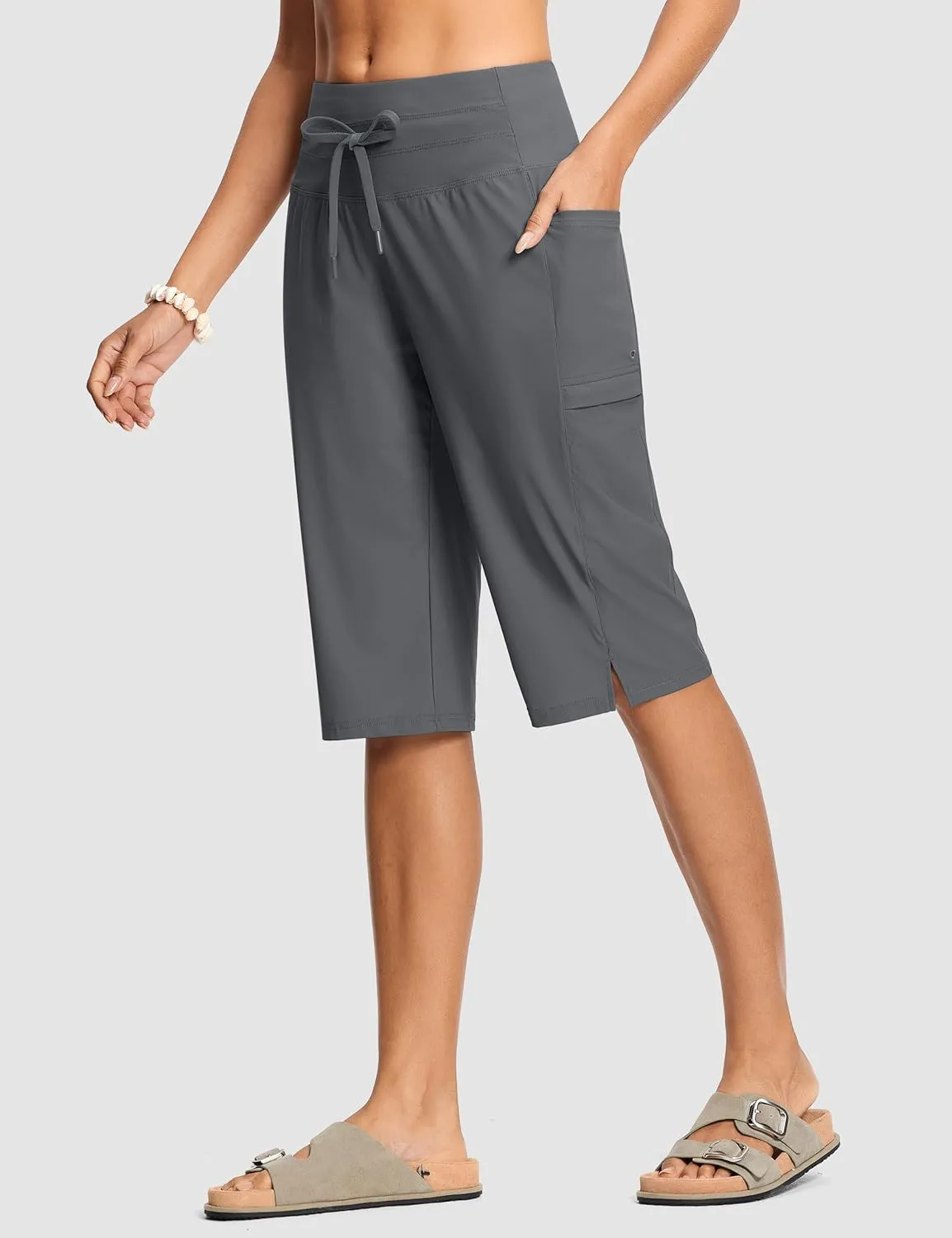 Women's Swim Capris Pants 15" High Waist Tummy Control Quick Dry UPF 50  Long Board Shorts with Liner and Pockets