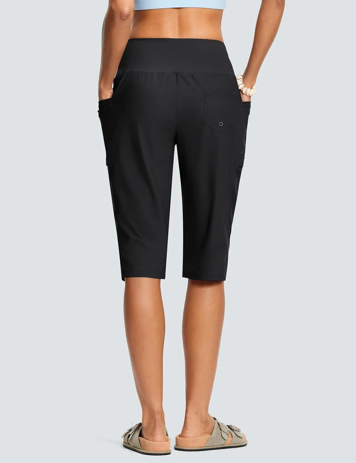 Women's Swim Capris Pants 15" High Waist Tummy Control Quick Dry UPF 50  Long Board Shorts with Liner and Pockets