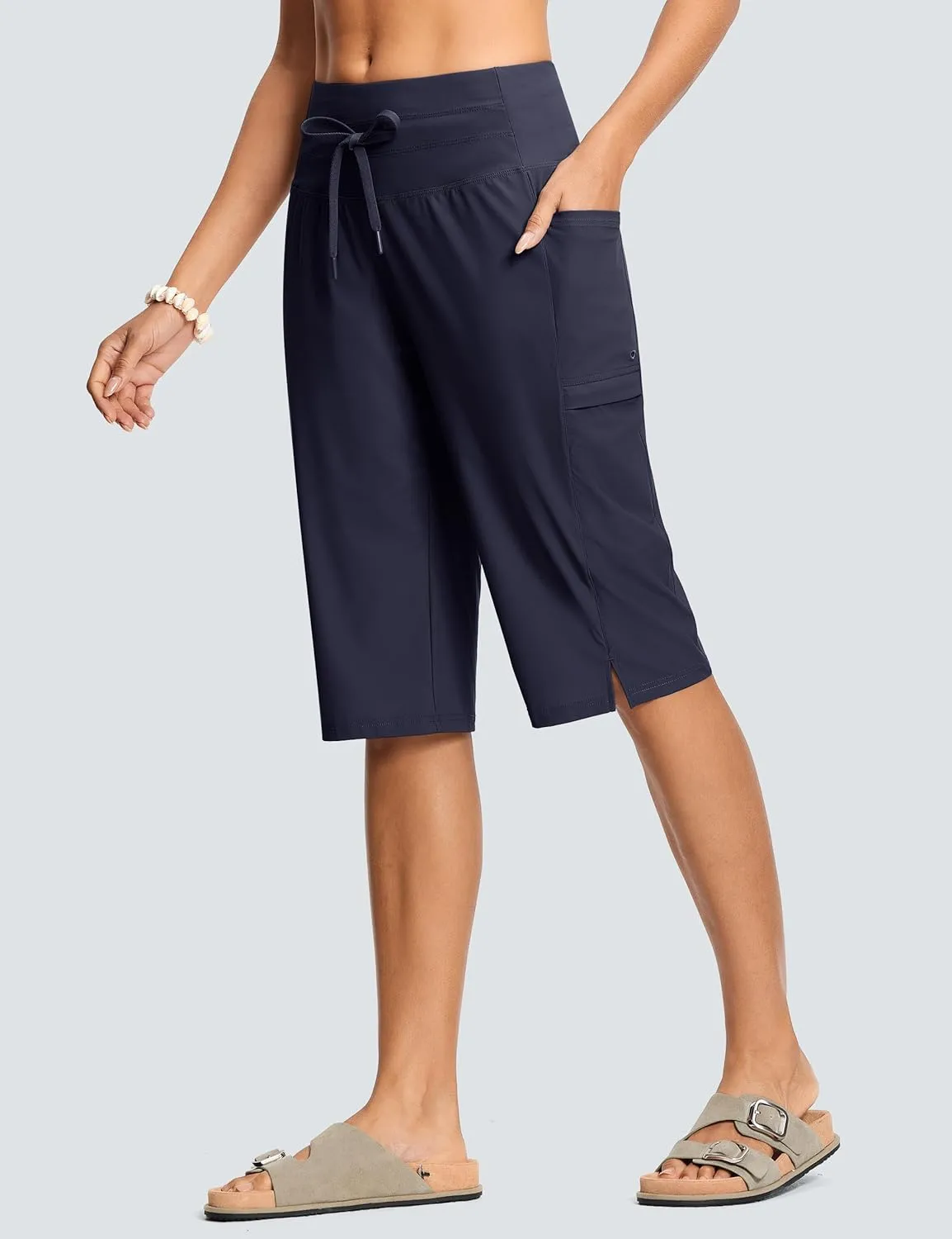 Women's Swim Capris Pants 15" High Waist Tummy Control Quick Dry UPF 50  Long Board Shorts with Liner and Pockets