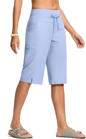 Women's Swim Capris Pants 15" High Waist Tummy Control Quick Dry UPF 50  Long Board Shorts with Liner and Pockets