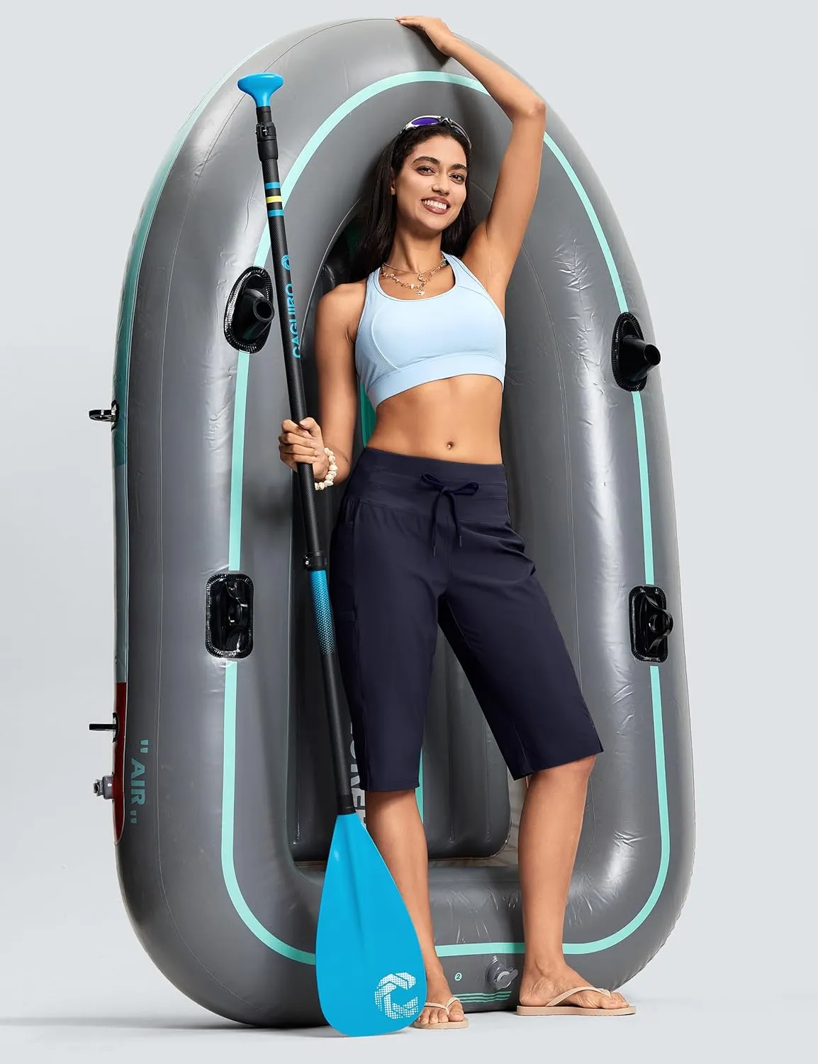 Women's Swim Capris Pants 15" High Waist Tummy Control Quick Dry UPF 50  Long Board Shorts with Liner and Pockets