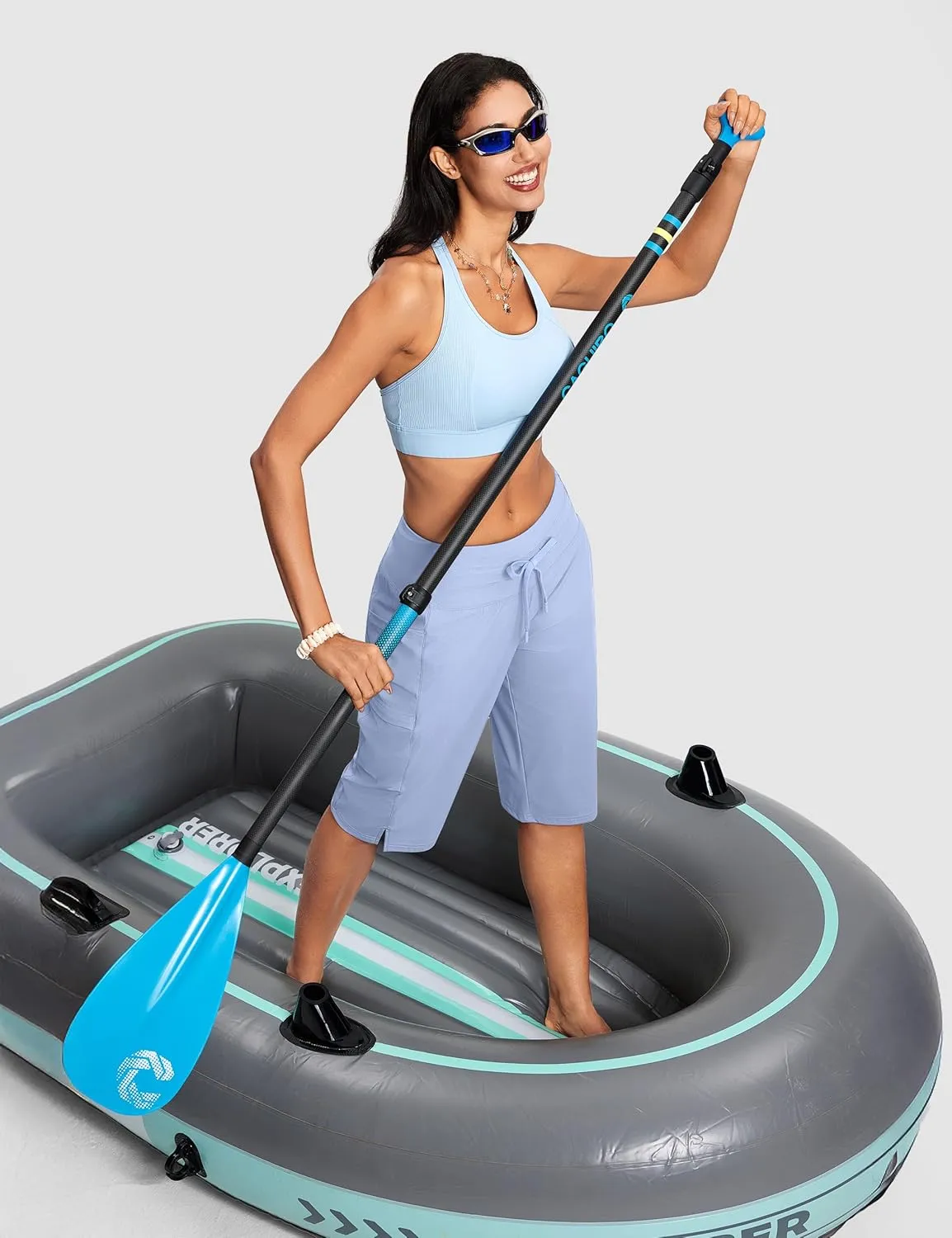 Women's Swim Capris Pants 15" High Waist Tummy Control Quick Dry UPF 50  Long Board Shorts with Liner and Pockets