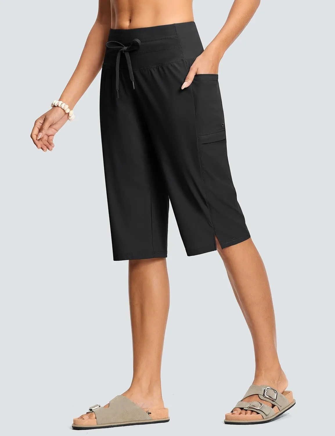 Women's Swim Capris Pants 15" High Waist Tummy Control Quick Dry UPF 50  Long Board Shorts with Liner and Pockets