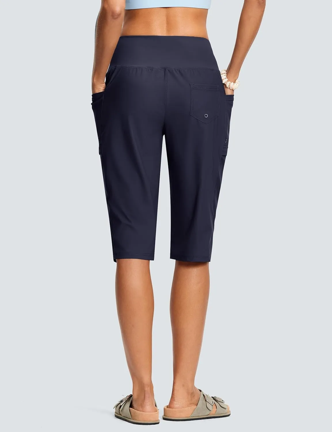 Women's Swim Capris Pants 15" High Waist Tummy Control Quick Dry UPF 50  Long Board Shorts with Liner and Pockets