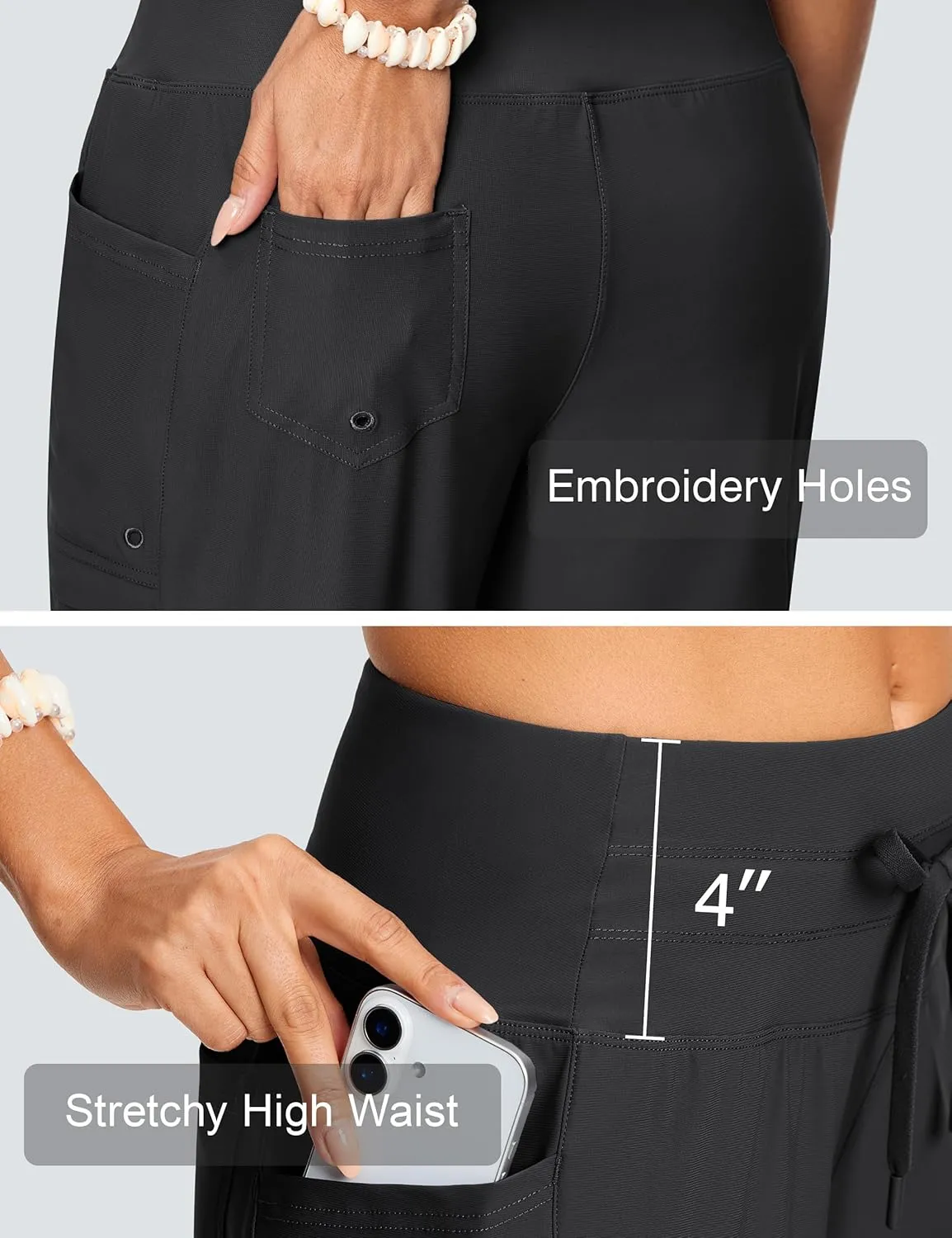 Women's Swim Capris Pants 15" High Waist Tummy Control Quick Dry UPF 50  Long Board Shorts with Liner and Pockets