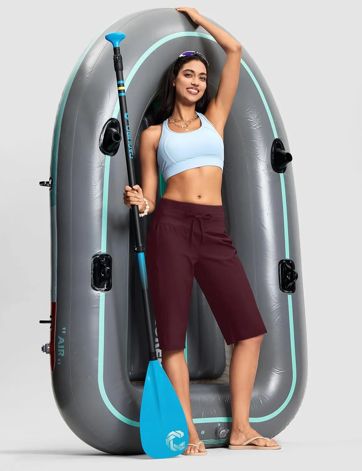 Women's Swim Capris Pants 15" High Waist Tummy Control Quick Dry UPF 50  Long Board Shorts with Liner and Pockets