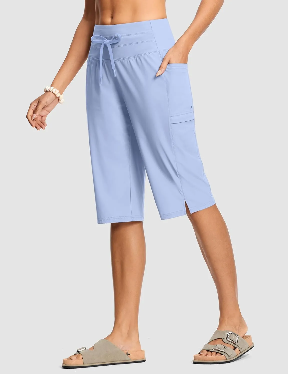 Women's Swim Capris Pants 15" High Waist Tummy Control Quick Dry UPF 50  Long Board Shorts with Liner and Pockets