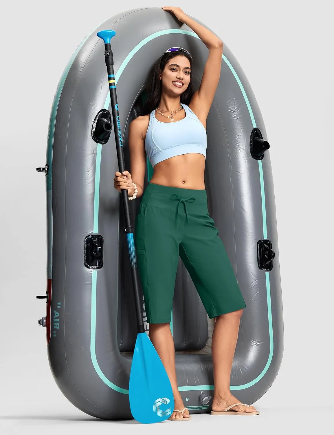 Women's Swim Capris Pants 15" High Waist Tummy Control Quick Dry UPF 50  Long Board Shorts with Liner and Pockets