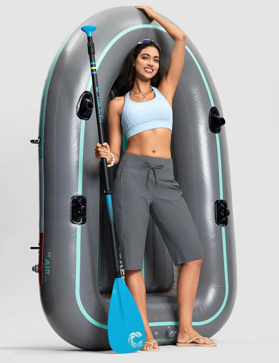 Women's Swim Capris Pants 15" High Waist Tummy Control Quick Dry UPF 50  Long Board Shorts with Liner and Pockets