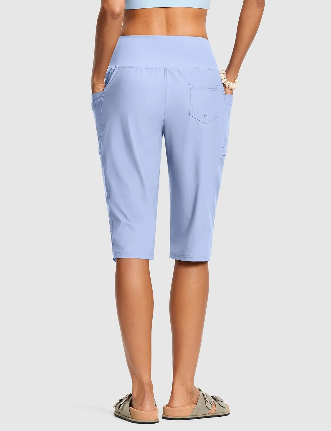 Women's Swim Capris Pants 15" High Waist Tummy Control Quick Dry UPF 50  Long Board Shorts with Liner and Pockets