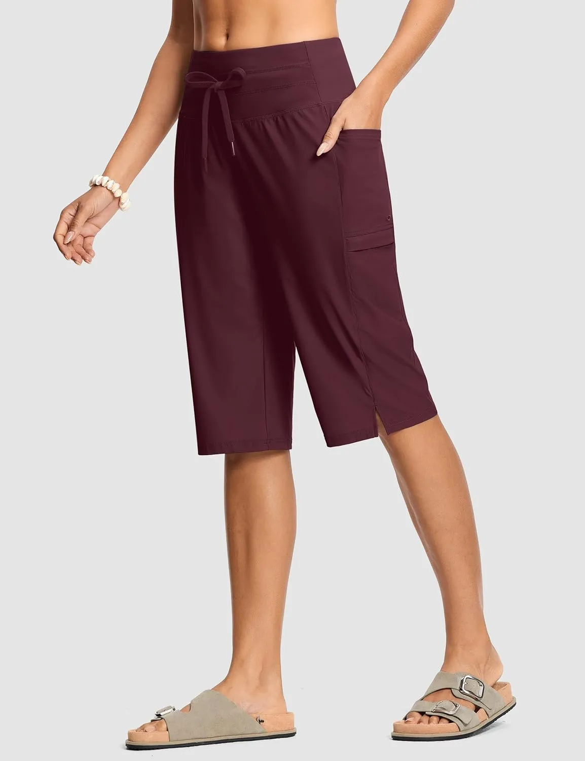 Women's Swim Capris Pants 15" High Waist Tummy Control Quick Dry UPF 50  Long Board Shorts with Liner and Pockets