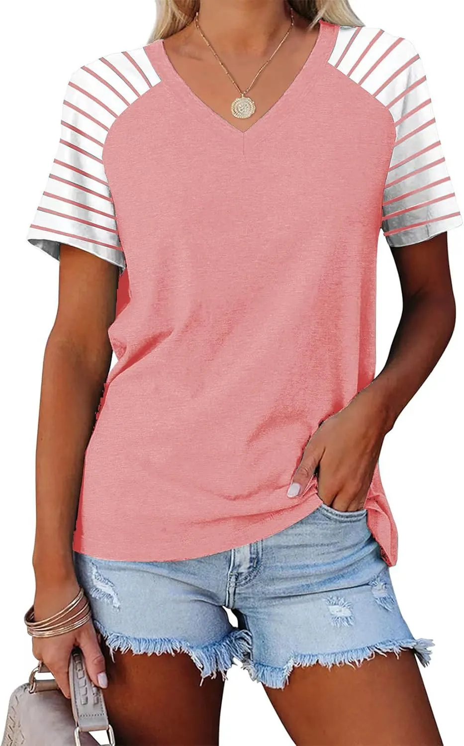 Womens Tops Summer Short Sleeve Shirts Raglan Striped T-Shirts