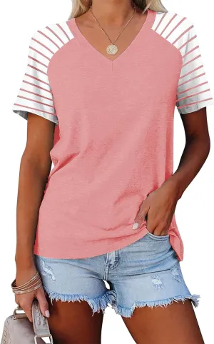 Womens Tops Summer Short Sleeve Shirts Raglan Striped T-Shirts