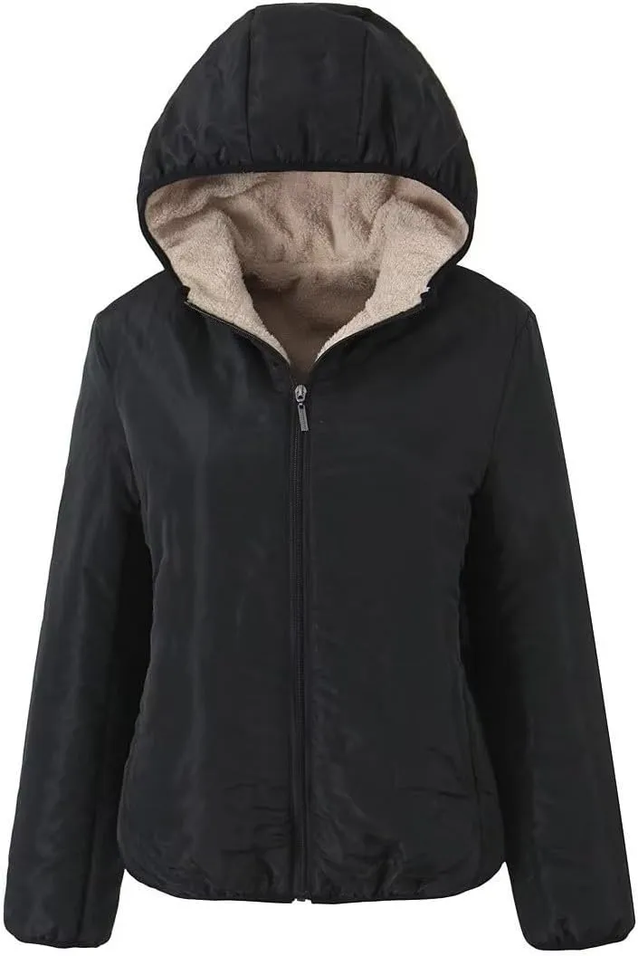 Women's Versatile Hooded Plush Coat Warm Lamb Shacket Fleece Lined Jacket Padded Cotton Zip Up Hoodie Coats