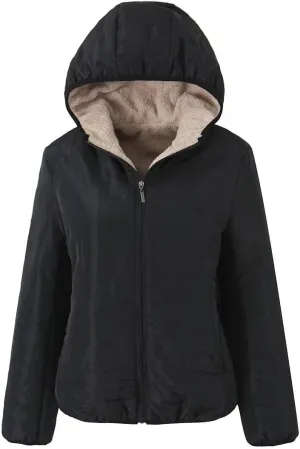 Women's Versatile Hooded Plush Coat Warm Lamb Shacket Fleece Lined Jacket Padded Cotton Zip Up Hoodie Coats