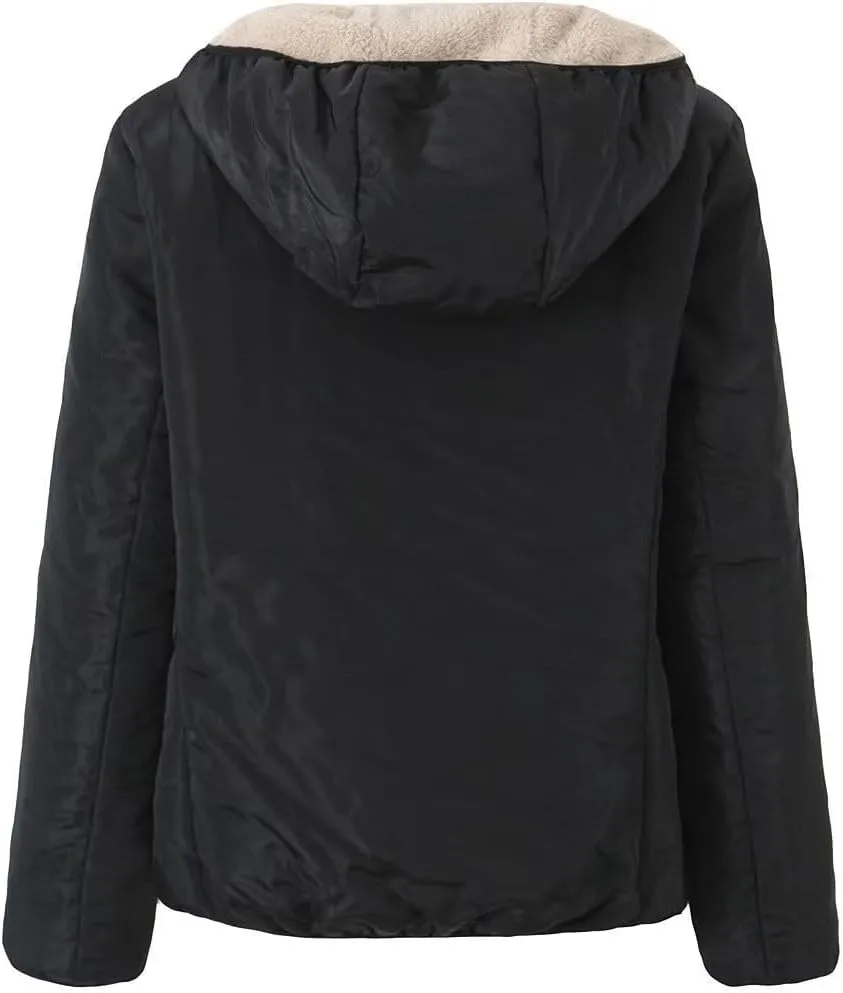 Women's Versatile Hooded Plush Coat Warm Lamb Shacket Fleece Lined Jacket Padded Cotton Zip Up Hoodie Coats