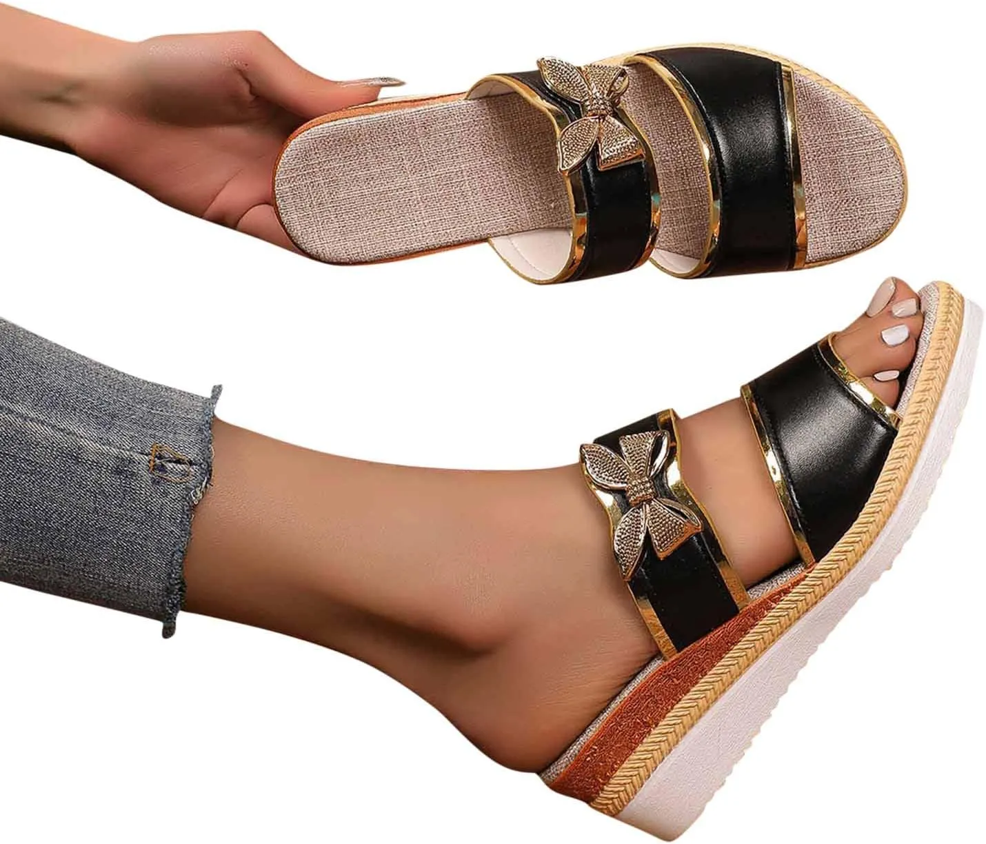 Women's Wedge Slides Summer Dressy Sandals Cute Bowknot Open Toe Platform Slip On Beach Essential Sandles Shoes New