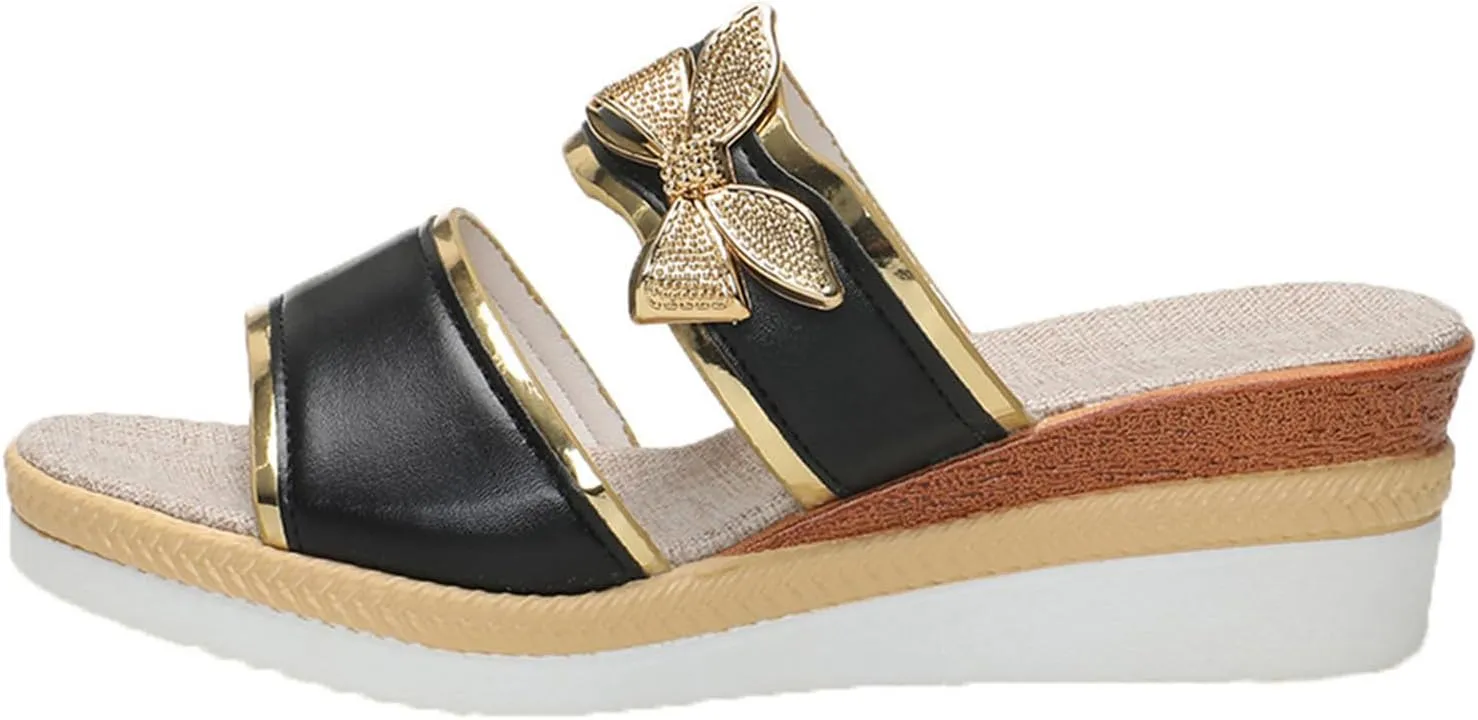 Women's Wedge Slides Summer Dressy Sandals Cute Bowknot Open Toe Platform Slip On Beach Essential Sandles Shoes New