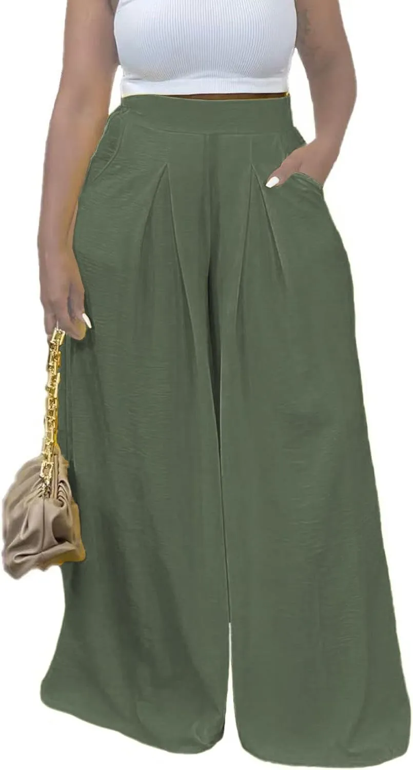 Women's Wide Leg Long Palazzo Pants High Waist Loose Fit Casual Flowy Pants Trousers with Pockets
