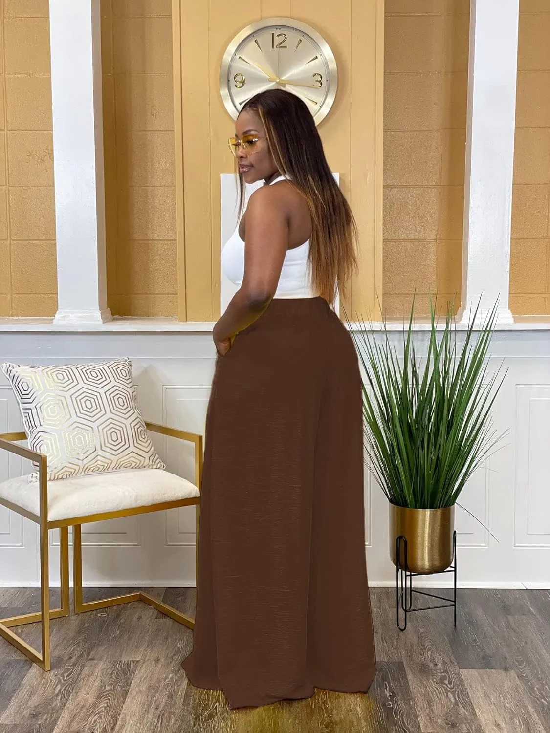 Women's Wide Leg Long Palazzo Pants High Waist Loose Fit Casual Flowy Pants Trousers with Pockets
