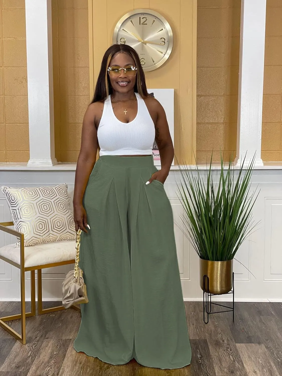 Women's Wide Leg Long Palazzo Pants High Waist Loose Fit Casual Flowy Pants Trousers with Pockets