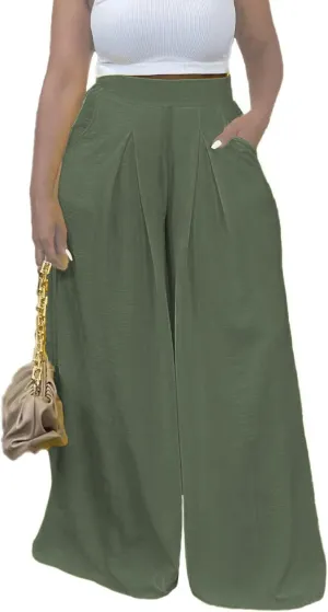 Women's Wide Leg Long Palazzo Pants High Waist Loose Fit Casual Flowy Pants Trousers with Pockets