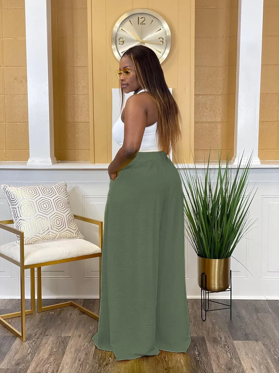 Women's Wide Leg Long Palazzo Pants High Waist Loose Fit Casual Flowy Pants Trousers with Pockets