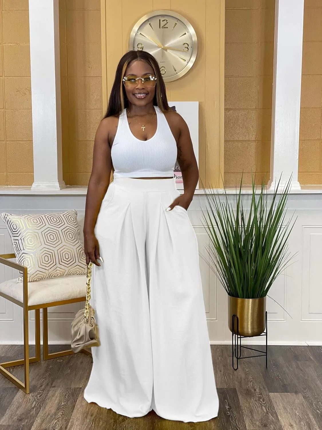 Women's Wide Leg Long Palazzo Pants High Waist Loose Fit Casual Flowy Pants Trousers with Pockets