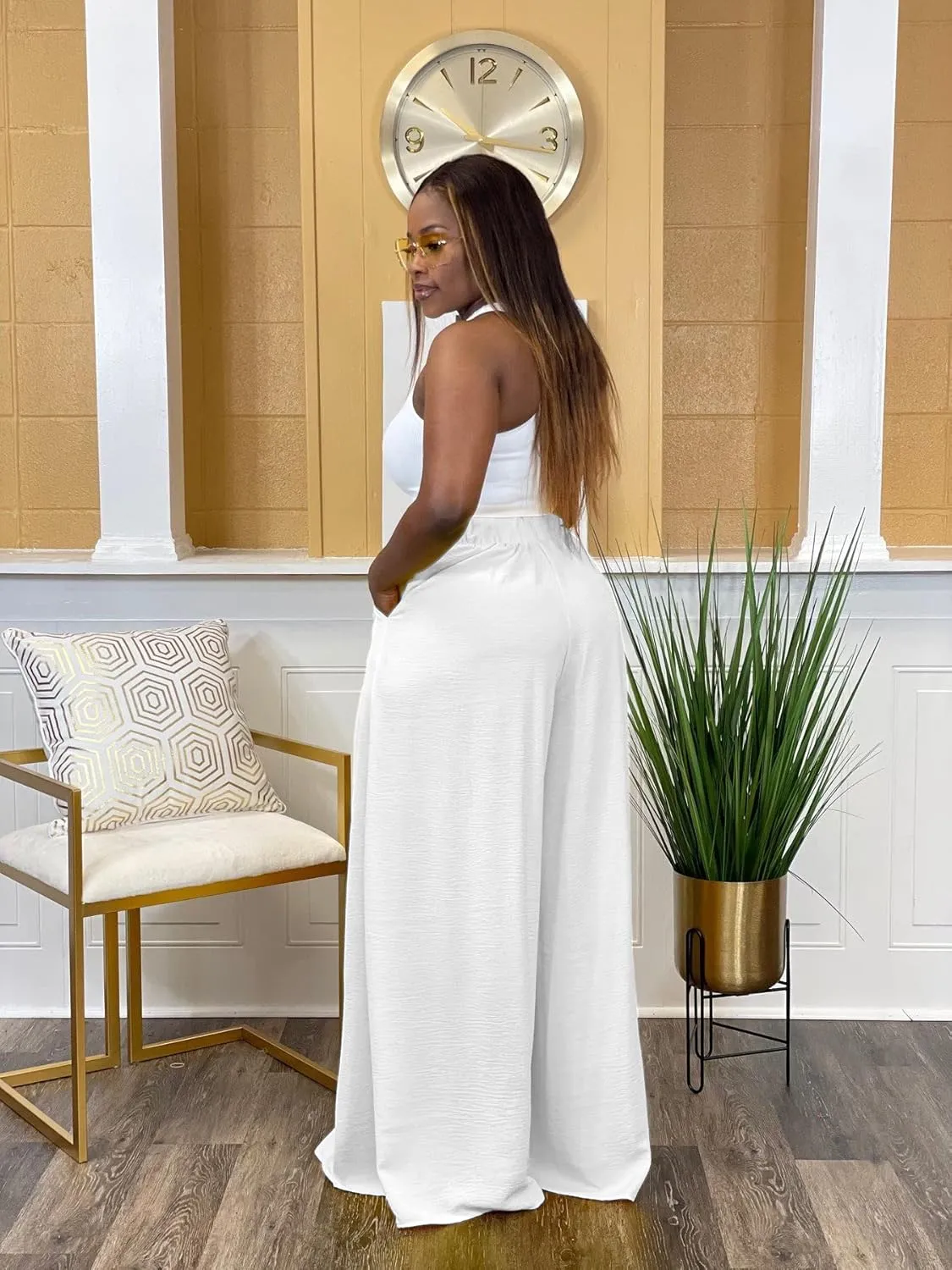 Women's Wide Leg Long Palazzo Pants High Waist Loose Fit Casual Flowy Pants Trousers with Pockets