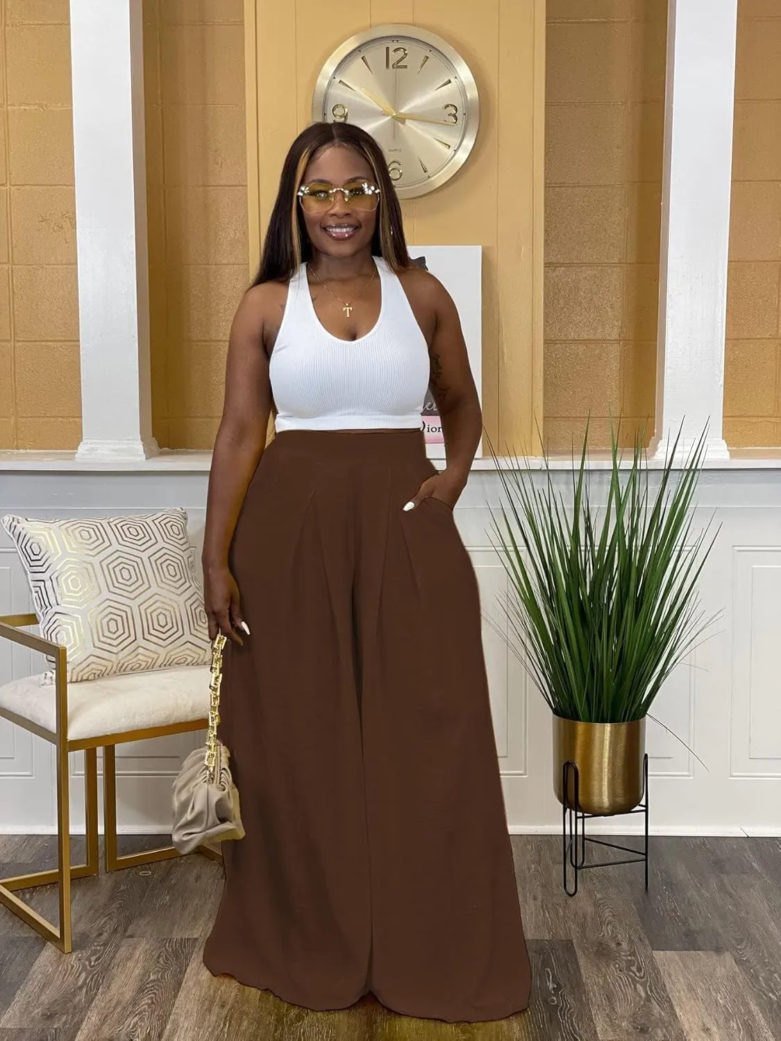 Women's Wide Leg Long Palazzo Pants High Waist Loose Fit Casual Flowy Pants Trousers with Pockets