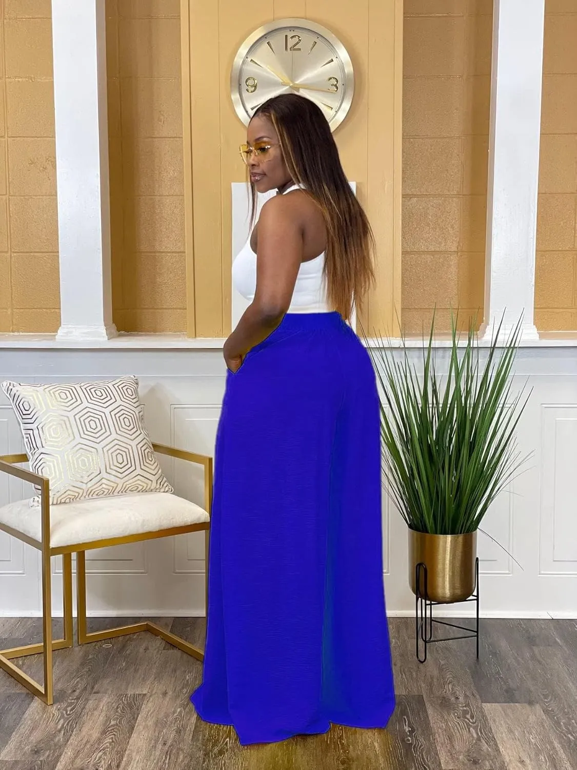 Women's Wide Leg Long Palazzo Pants High Waist Loose Fit Casual Flowy Pants Trousers with Pockets