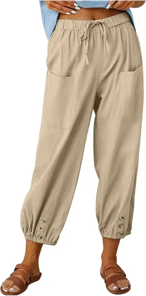 Womens Wide Leg Pants Casual Drawstring Capri Pants High Waist Cotton Linen Pants Lantern Tapered Harem Pants Slacks