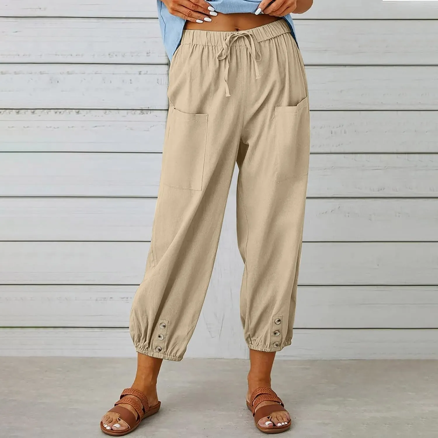 Womens Wide Leg Pants Casual Drawstring Capri Pants High Waist Cotton Linen Pants Lantern Tapered Harem Pants Slacks