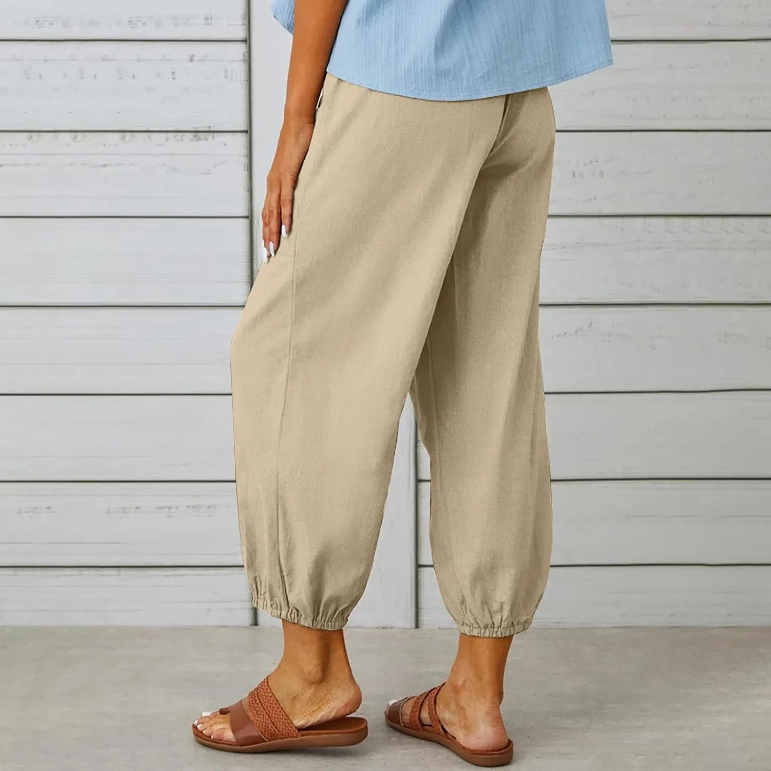 Womens Wide Leg Pants Casual Drawstring Capri Pants High Waist Cotton Linen Pants Lantern Tapered Harem Pants Slacks