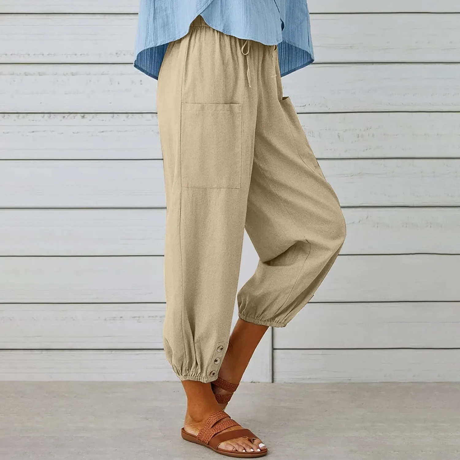 Womens Wide Leg Pants Casual Drawstring Capri Pants High Waist Cotton Linen Pants Lantern Tapered Harem Pants Slacks