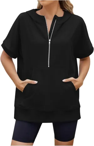 Womens Zip Up Hoodie Sweatshirt Womens Oversized Hoodies Short Sleeve Loose Fit Tops Half Zip Sweatshirt Pullover