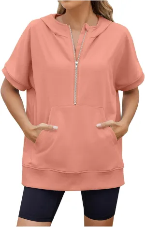Womens Zip Up Hoodie Sweatshirt Womens Oversized Hoodies Short Sleeve Loose Fit Tops Half Zip Sweatshirt Pullover