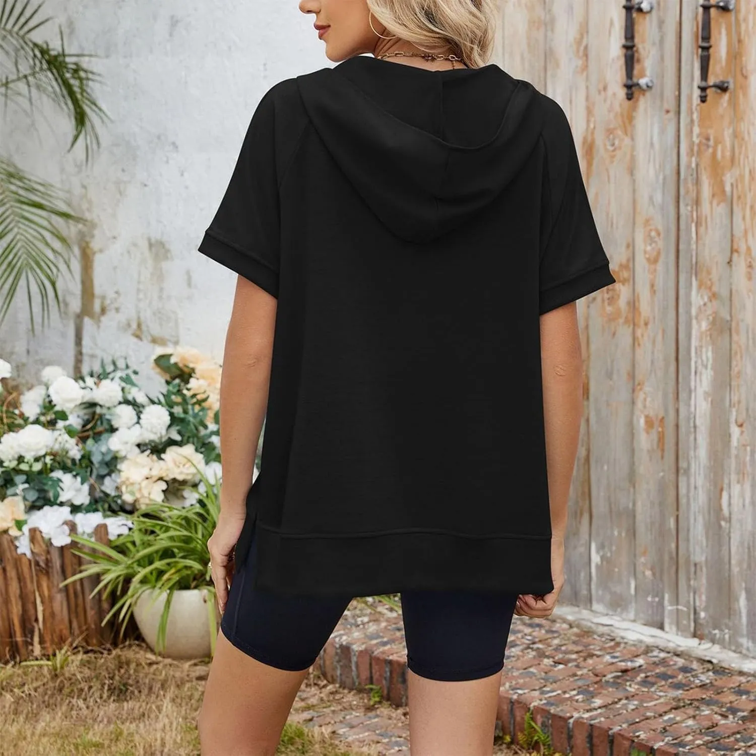 Womens Zip Up Hoodie Sweatshirt Womens Oversized Hoodies Short Sleeve Loose Fit Tops Half Zip Sweatshirt Pullover