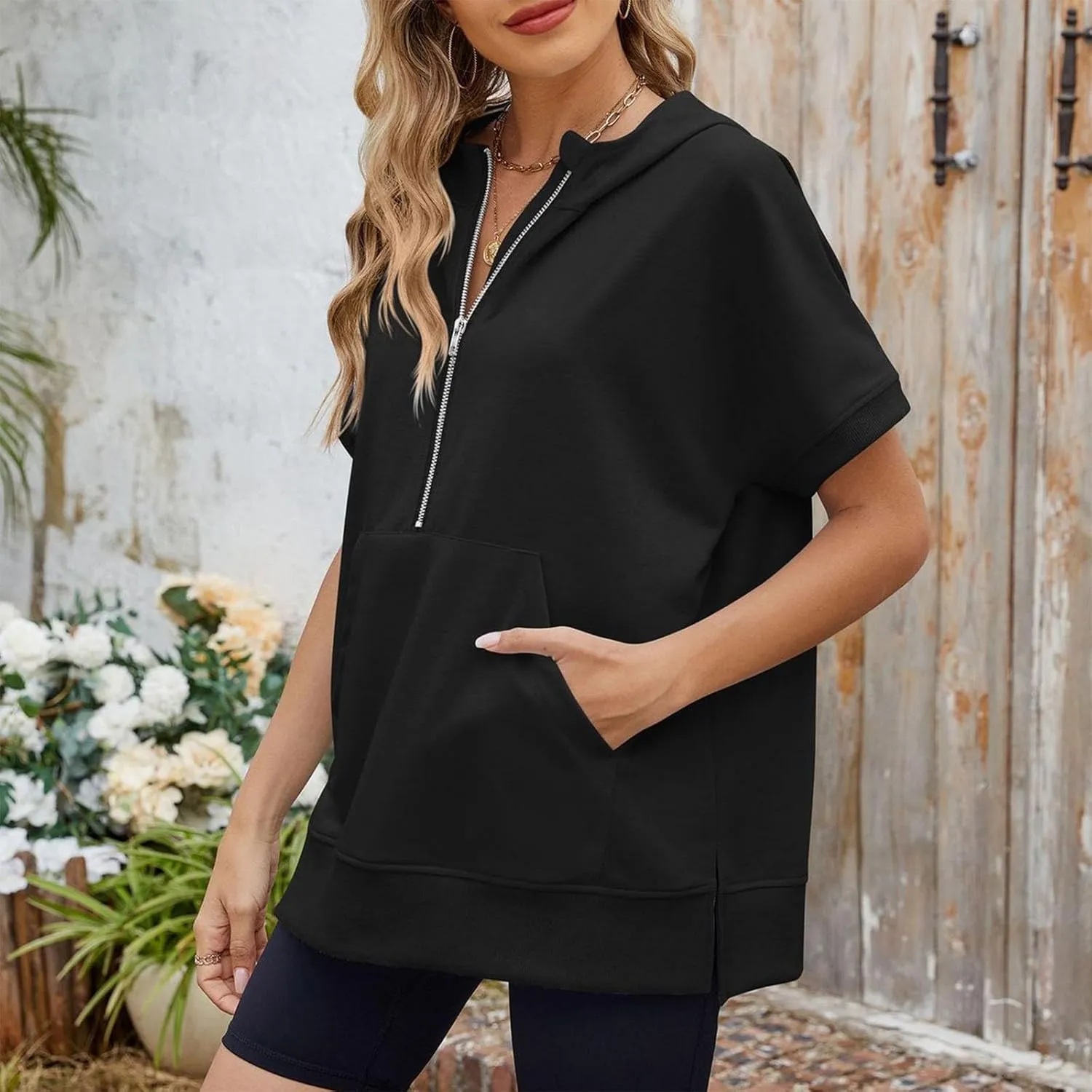 Womens Zip Up Hoodie Sweatshirt Womens Oversized Hoodies Short Sleeve Loose Fit Tops Half Zip Sweatshirt Pullover