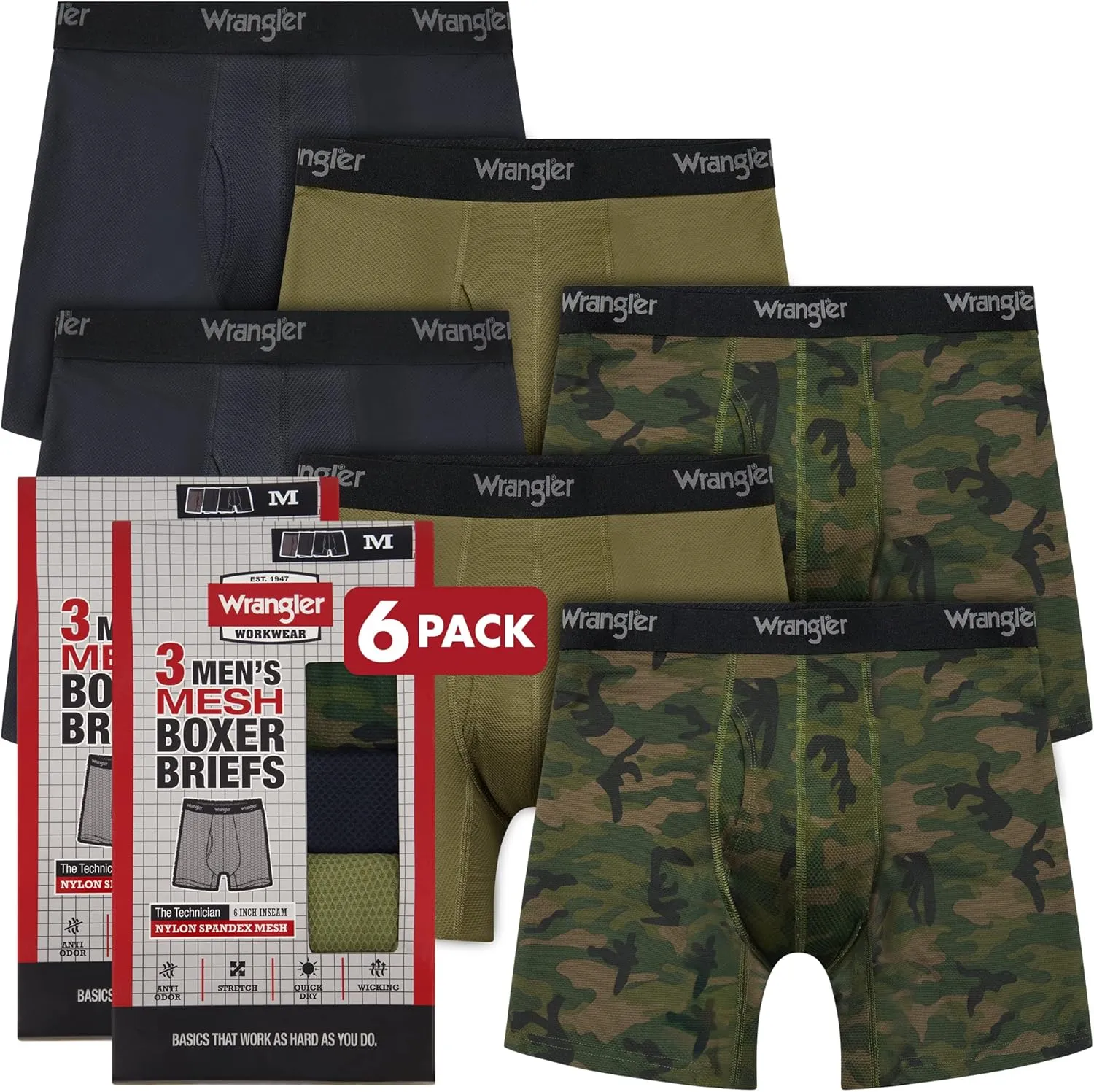 Wrangler Mesh Quick Dry Comfort Stretch Mens Boxer Briefs, Nylon-Spandex Blend, 6-Pack, Moisture-Wicking, Anti-Odor